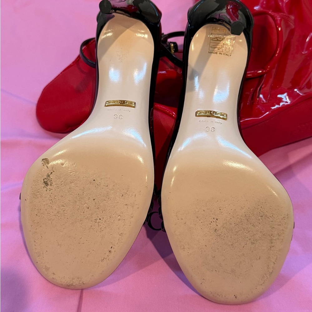 Gucci Red Patent Leather Open-Toe Stiletto Boots with Black Trim - Picture 7 of 9